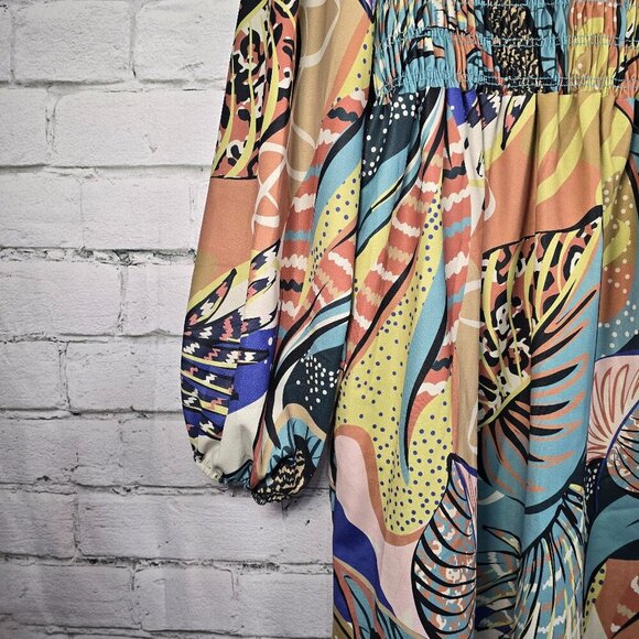 WOMENS COTTON BLEU BOHO MIDI DRESS PEASANT SLEEVES PRINT GATHERED BODICE SIZE SM - Picture 3 of 8